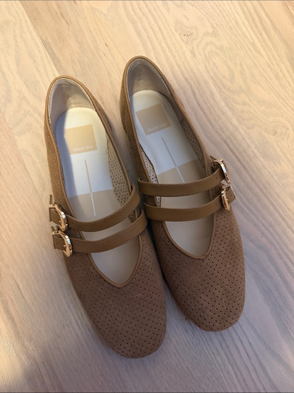 Dolce Vita Cognac Double-Strap Perforated Mary Jane Flats